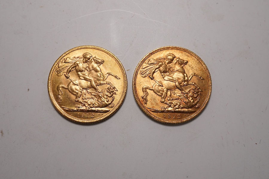 Australia gold coins, George V, two gold sovereigns, both 1912M, both about EF